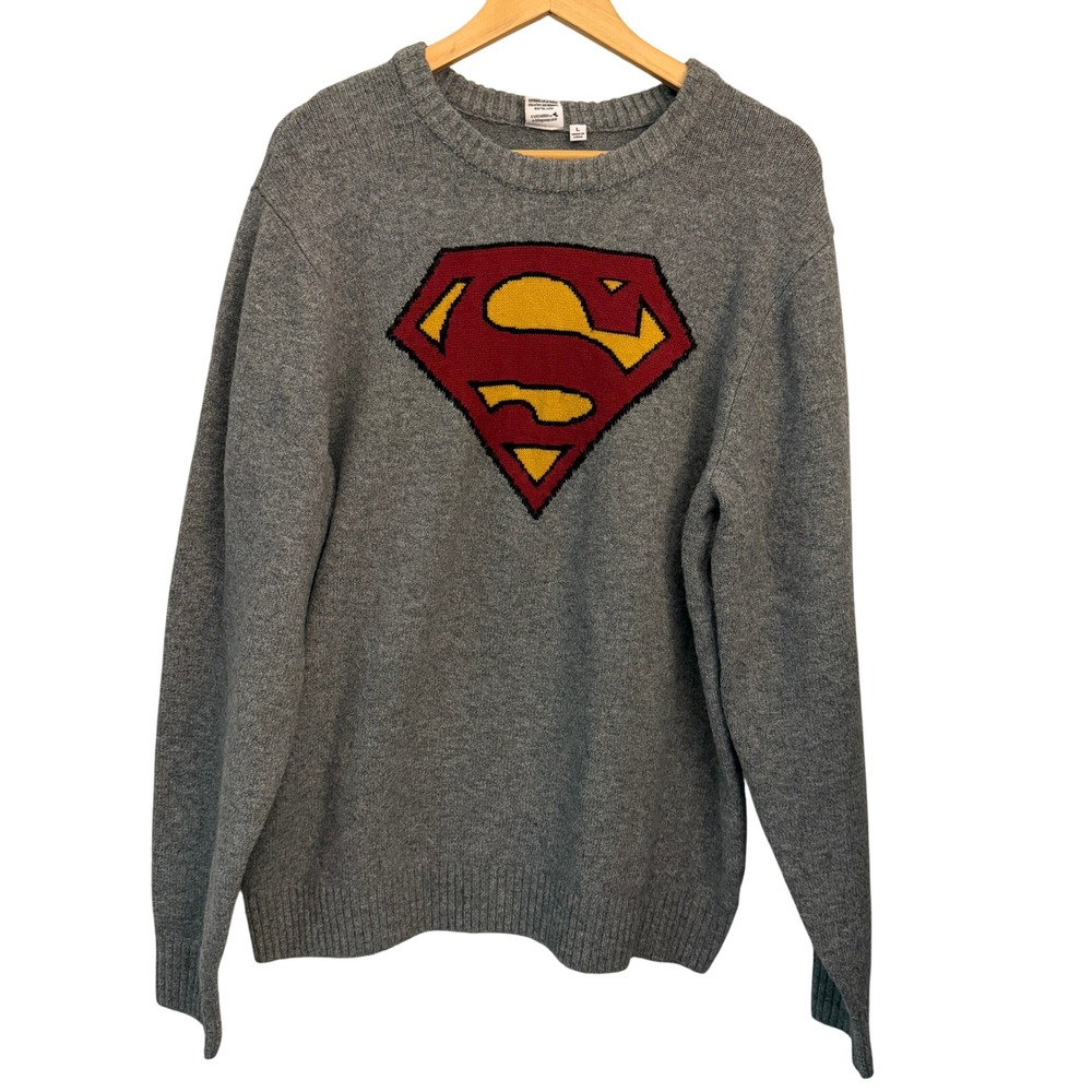 DC Comics Superman Sweater Mens L Grey New Shield Logo Knit Pullover 170975